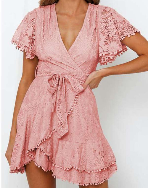 Load image into Gallery viewer, Sexy Pink Flutter Sleeves V Neck Lace Mini Dress
