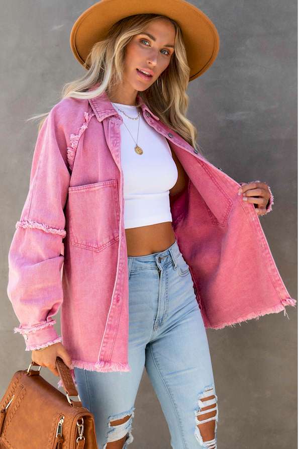 Pink Frayed Hemline Denim Shacket