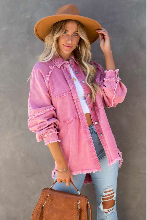 Pink Frayed Hemline Denim Shacket