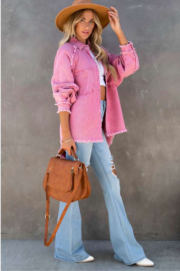 Pink Frayed Hemline Denim Shacket