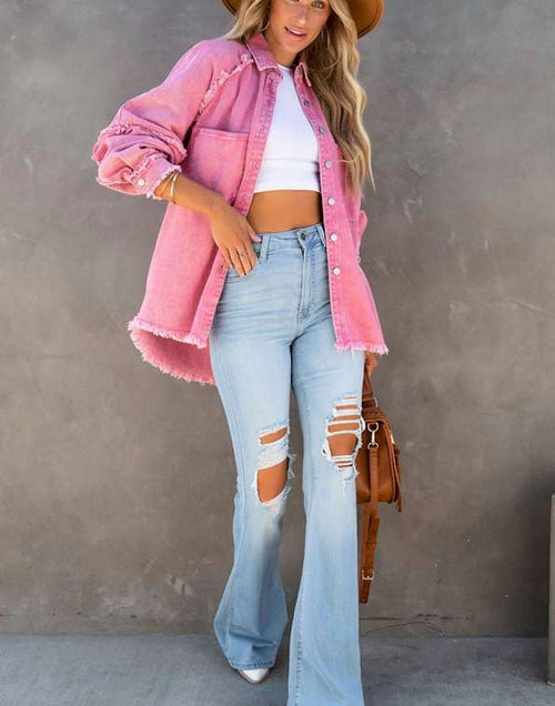 Load image into Gallery viewer, Pink Frayed Hemline Denim Shacket
