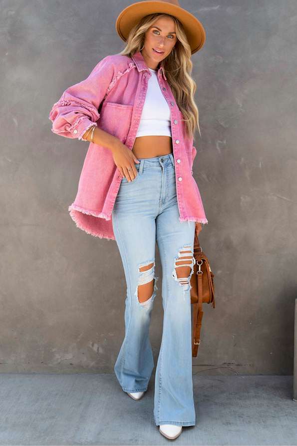 Pink Frayed Hemline Denim Shacket