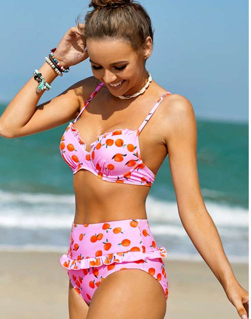 Load image into Gallery viewer, Pink Fruit Print Ruffled Detail High Waist Bikini
