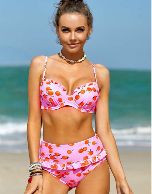 Load image into Gallery viewer, Pink Fruit Print Ruffled Detail High Waist Bikini
