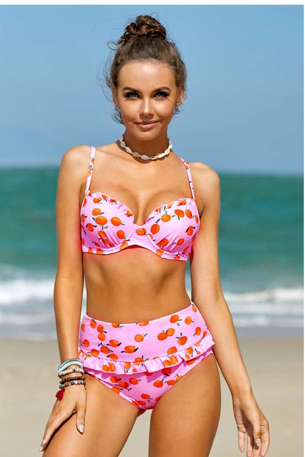 Pink Fruit Print Ruffled Detail High Waist Bikini