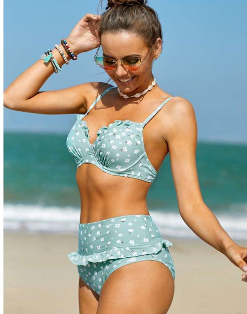 Load image into Gallery viewer, Pink Fruit Print Ruffled Detail High Waist Bikini
