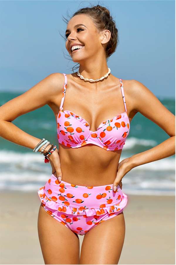 Pink Fruit Print Ruffled Detail High Waist Bikini