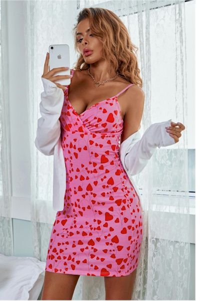 Load image into Gallery viewer, Strap Up for Style: Turn Heads in our Eye-Catching Hot Pink Hearts Mini Dress!
