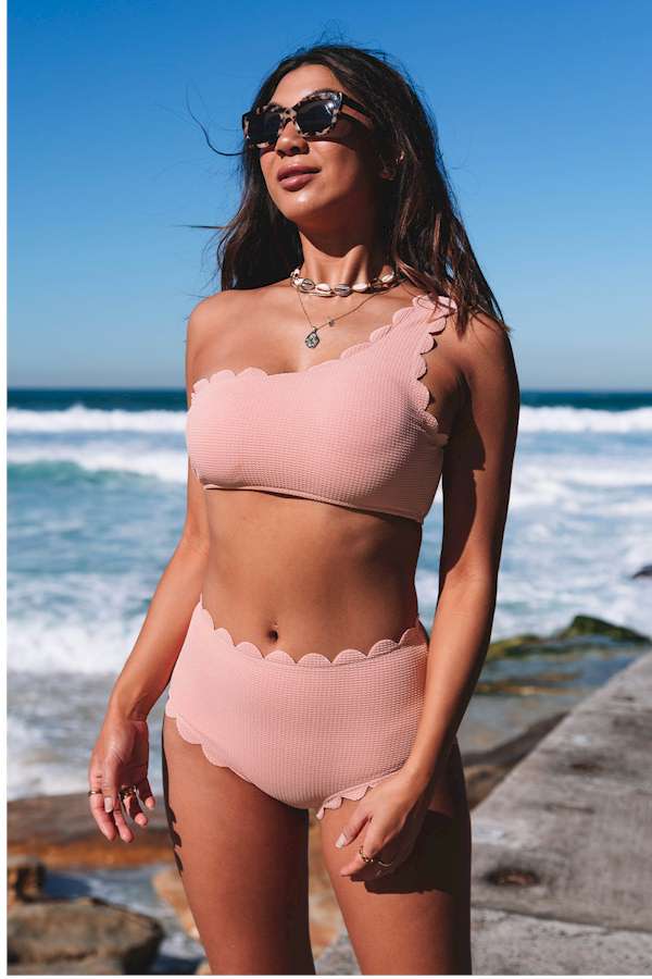 Pink High Waist Scalloped Trim One Shoulder Bikini