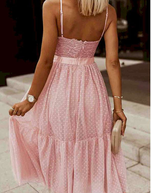 Load image into Gallery viewer, Pink Lace Crochet Polka Dot Pleated Cami Dress
