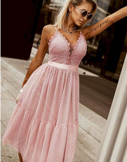 Load image into Gallery viewer, Pink Lace Crochet Polka Dot Pleated Cami Dress
