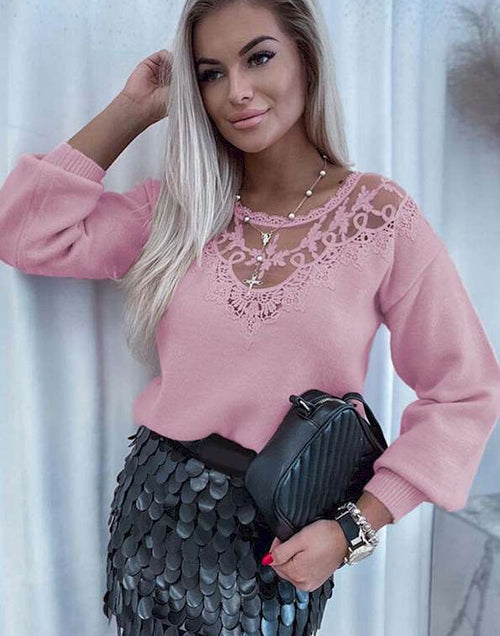 Load image into Gallery viewer, Pink Lace Splicing Knitted Sweater
