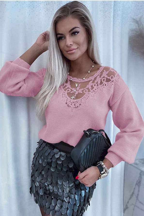 Pink Lace Splicing Knitted Sweater