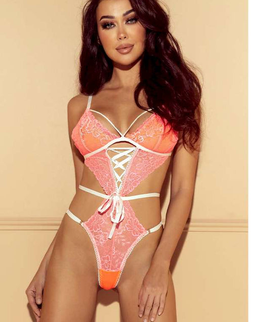 Load image into Gallery viewer, Pink Lace Strappy Sexy Teddy Lingerie
