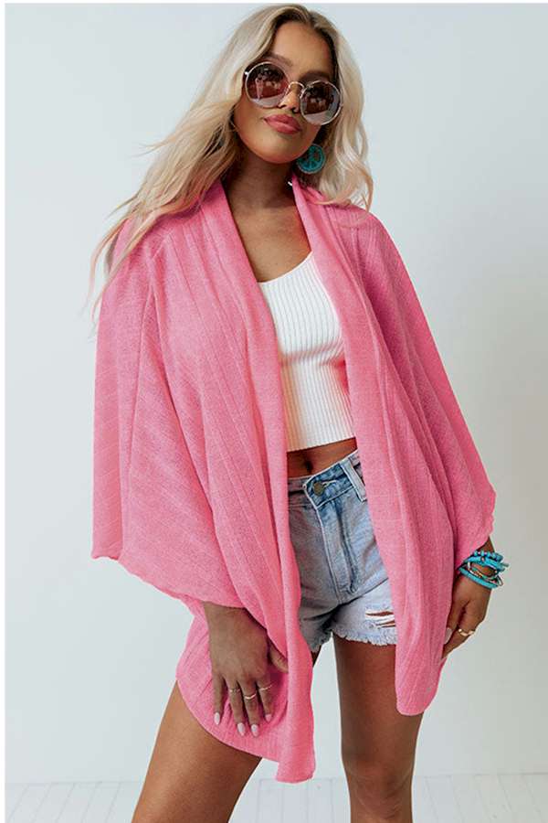 Pink Open Front Kimono Sleeves Knit Cardigan