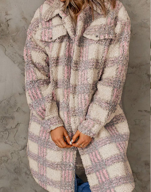 Load image into Gallery viewer, Pink Plaid Emboss Polar Fleece Long Coat
