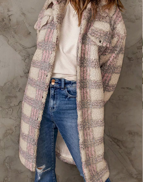 Load image into Gallery viewer, Pink Plaid Emboss Polar Fleece Long Coat
