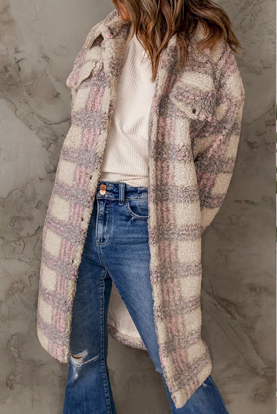 Pink Plaid Emboss Polar Fleece Long Coat