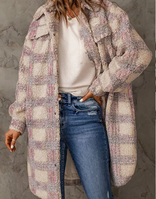 Load image into Gallery viewer, Pink Plaid Emboss Polar Fleece Long Coat
