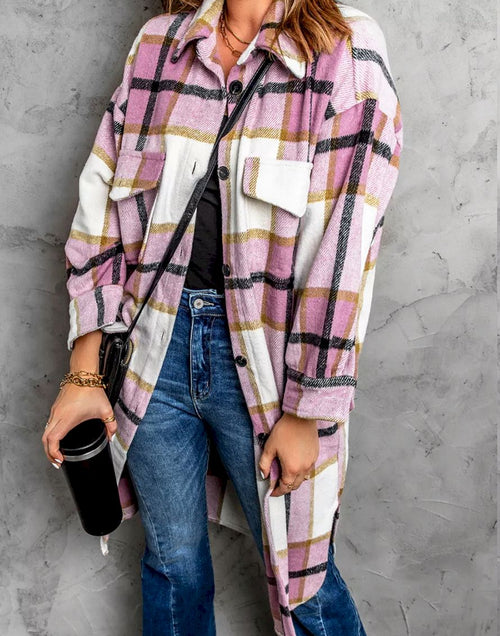 Load image into Gallery viewer, Pink Plaid Print Long Shirt Jacket
