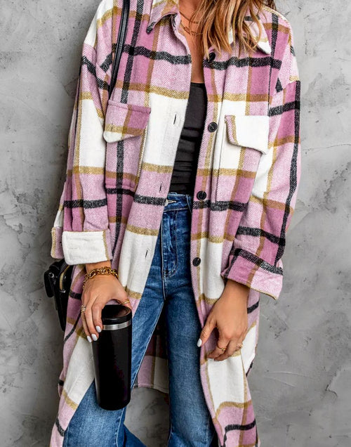 Load image into Gallery viewer, Pink Plaid Print Long Shirt Jacket
