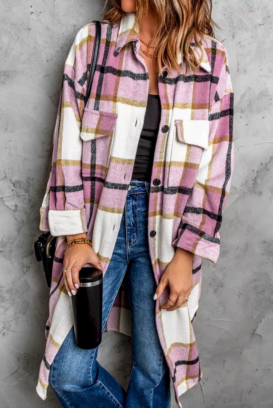 Pink Plaid Print Long Shirt Jacket