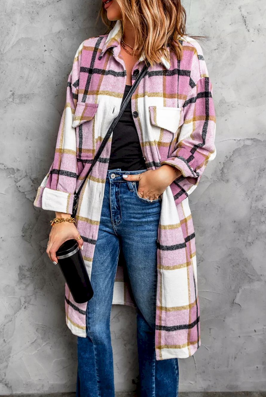 Pink Plaid Print Long Shirt Jacket