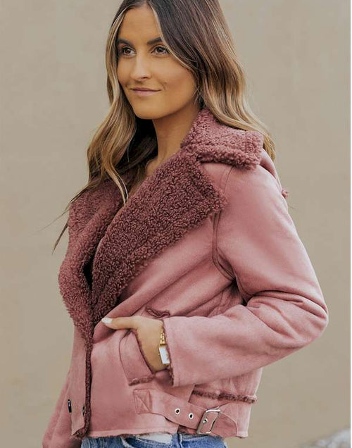 Load image into Gallery viewer, Pink Plush Lining Suede Cropped Double Breasted Coat
