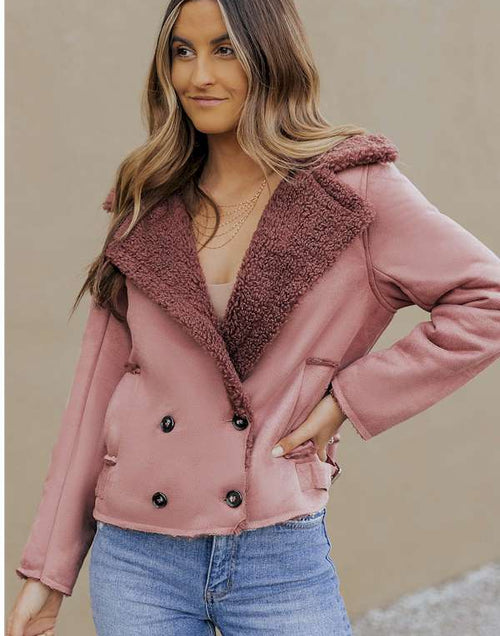 Load image into Gallery viewer, Pink Plush Lining Suede Cropped Double Breasted Coat
