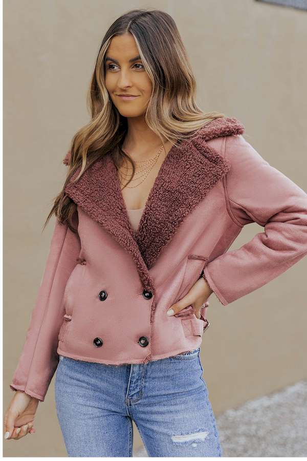 Pink Plush Lining Suede Cropped Double Breasted Coat