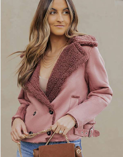 Load image into Gallery viewer, Pink Plush Lining Suede Cropped Double Breasted Coat
