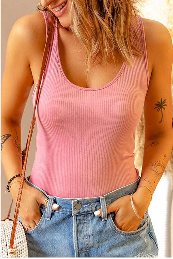 Pink Ruched Ribbed Knit Slim-fit Tank Top