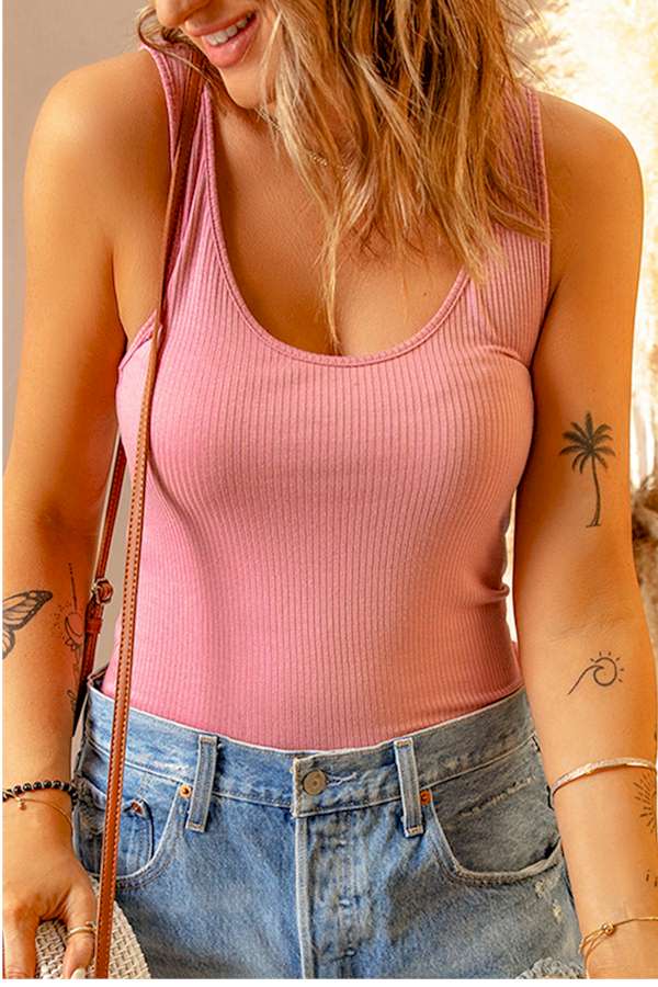 Pink Ruched Ribbed Knit Slim-fit Tank Top