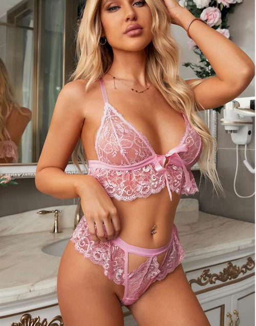 Load image into Gallery viewer, Pink Ruffle Lace Bralette Lingerie Set
