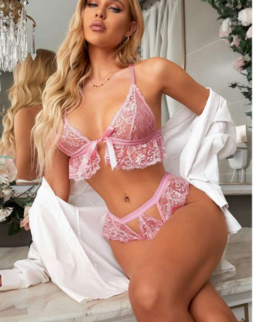 Load image into Gallery viewer, Pink Ruffle Lace Bralette Lingerie Set
