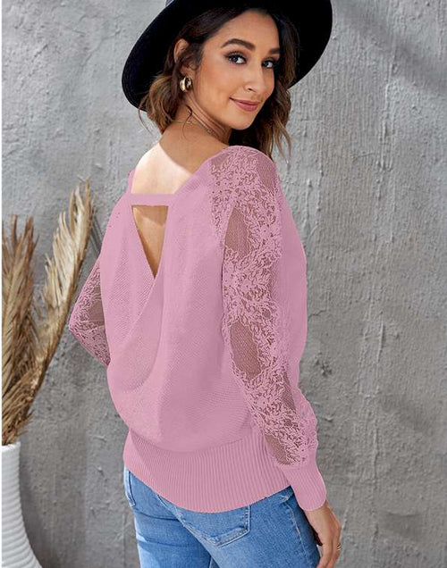 Load image into Gallery viewer, Pink Sexy V Neck Surplice Hollow-out Sweater with Lace Sleeves
