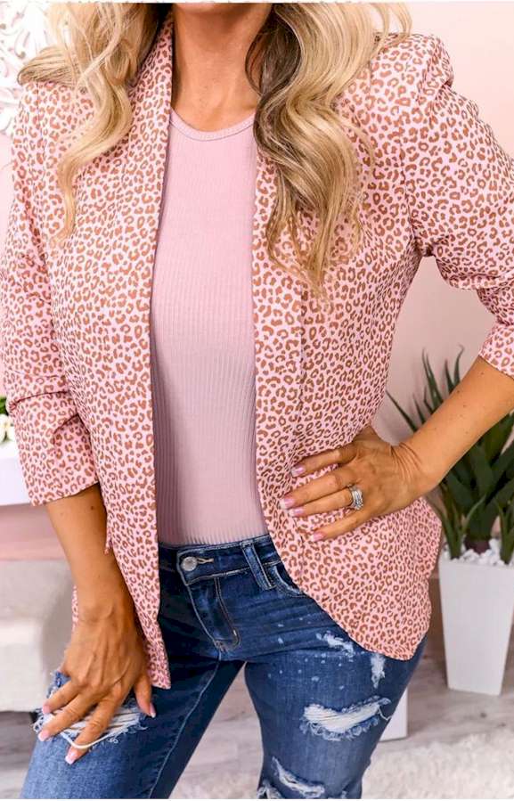 Pink 3/4 Sleeve Leopard Blazer