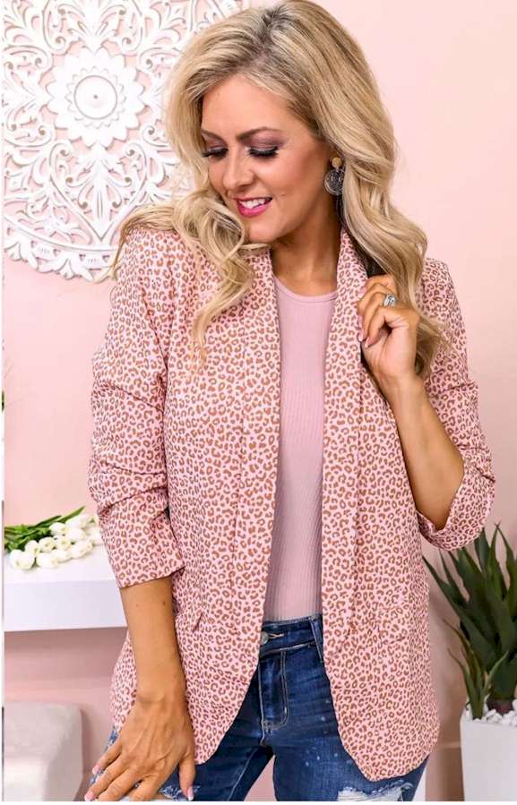 Pink 3/4 Sleeve Leopard Blazer