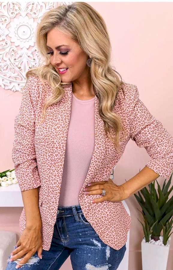 Pink 3/4 Sleeve Leopard Blazer