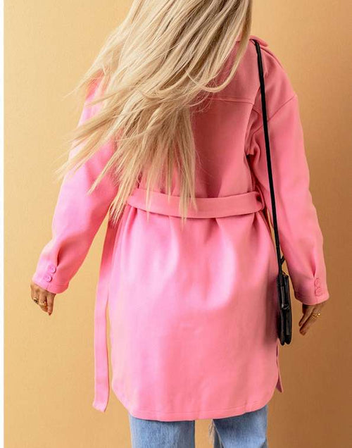 Load image into Gallery viewer, Pink Solid Color Buttoned Coat with Tie
