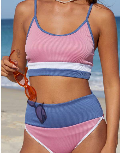 Load image into Gallery viewer, Pink Spaghetti Straps Colorblock Ribbed High Waisted Swimsuit
