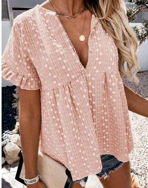 Load image into Gallery viewer, Pink Split V Neck Print Babydoll Top
