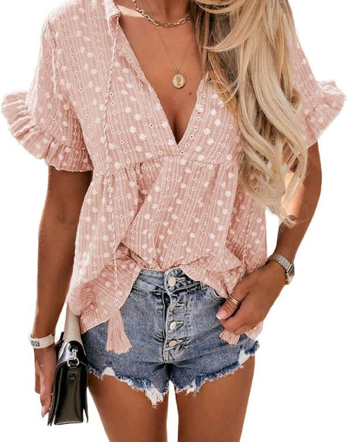 Load image into Gallery viewer, Pink Split V Neck Print Babydoll Top
