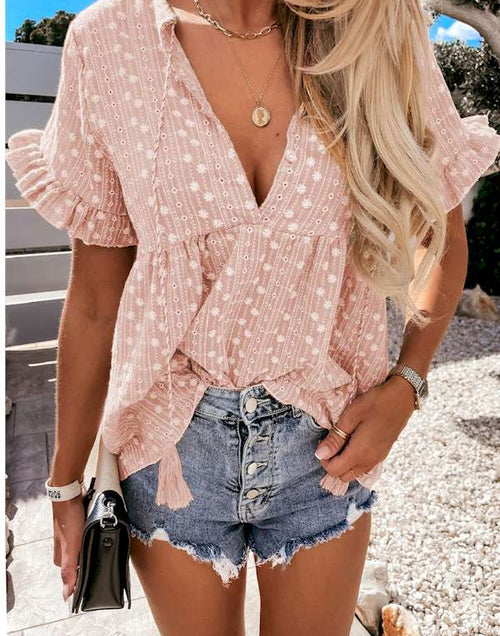 Load image into Gallery viewer, Pink Split V Neck Print Babydoll Top
