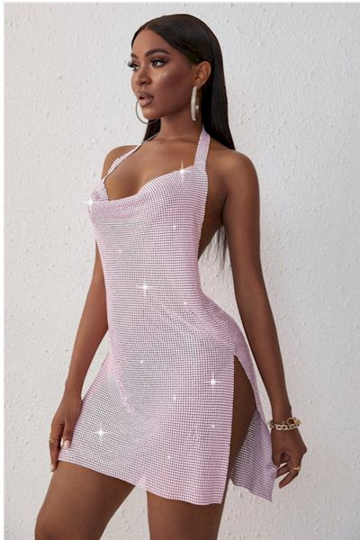 Halter Neck Slit Sexy Pink Mini Dress