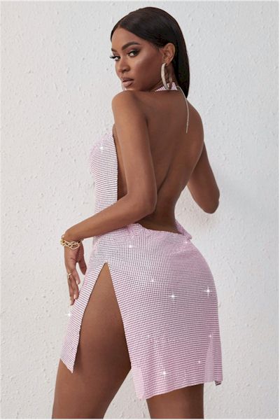 Load image into Gallery viewer, Pink Stylish Sequin Halter Neck Slit Sexy Mini Dress Back
