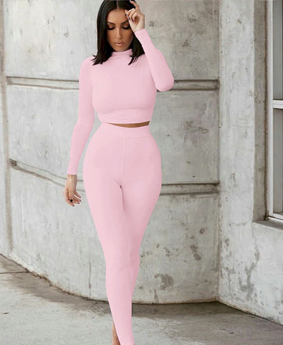 Bodycon Stretchy Two Piece Solid Color Top with Leggings