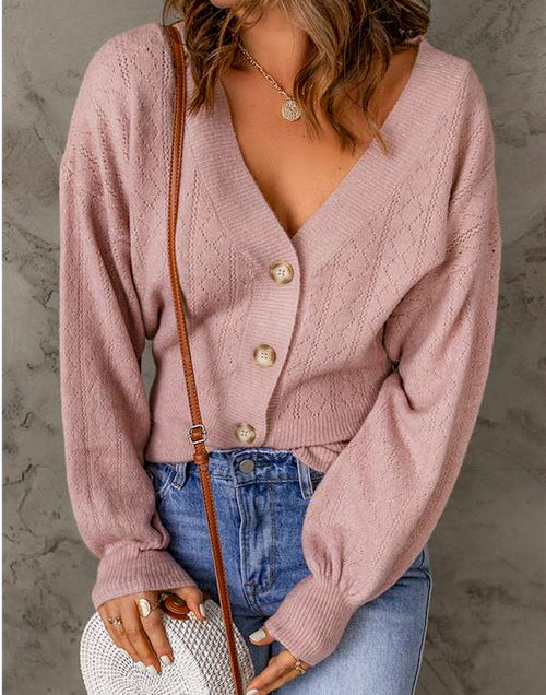 Load image into Gallery viewer, Pink V Neck Buttoned Bishop Sleeve Cardigan
