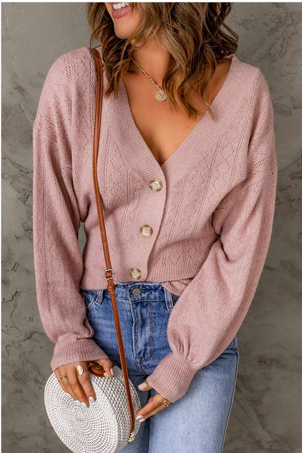 Pink V Neck Buttoned Bishop Sleeve Cardigan