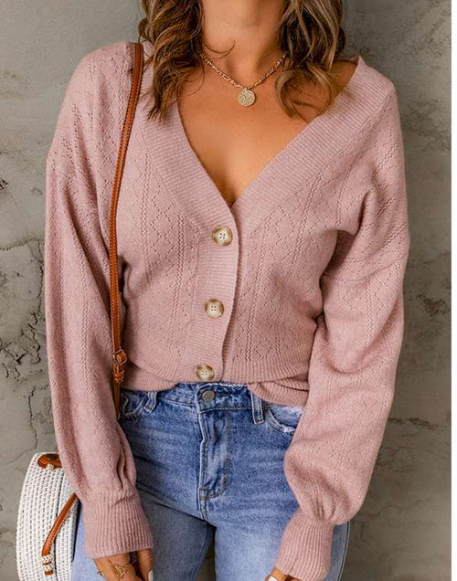 Load image into Gallery viewer, Pink V Neck Buttoned Bishop Sleeve Cardigan
